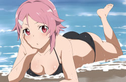 Rule 34 | 1girl, :o, ass, barefoot, beach, bikini, black bikini, blush, breasts, cleavage, commentary, freckles, frown, hair ornament, hairclip, head rest, leg up, lisbeth (sao), looking at viewer, lying, moroheiya (moroheiya-works), on stomach, parted lips, pink eyes, pink hair, short hair, solo, swept bangs, swimsuit, sword art online, water, wet