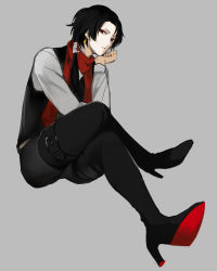 Rule 34 | 10s, 1boy, androgynous, black hair, boots, closed mouth, collared shirt, earrings, from below, full body, grey background, head rest, high heel boots, high heels, hiki yuichi, jewelry, kashuu kiyomitsu, crossed legs, long hair, looking at viewer, male focus, military uniform, mole, mole under mouth, nail polish, personification, ponytail, red eyes, red nails, scarf, simple background, sitting, solo, thigh boots, thighhighs, touken ranbu