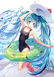 Rule 34 | 1girl, barefoot, black one-piece swimsuit, blue eyes, blue hair, bow, breasts, collarbone, competition swimsuit, floating hair, hat, hat bow, hatsune miku, highres, innertube, k12io, long hair, one-piece swimsuit, open mouth, poolside, red bow, small breasts, solo, standing, standing on one leg, sun hat, swim ring, swimsuit, transparent, twintails, very long hair, vocaloid, watermark, white hat
