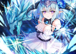 Rule 34 | 1girl, 1other, akami770, arm behind back, bare shoulders, belt, black belt, black gloves, blue gemstone, blue hair, breasts, chest guard, cleavage, detached collar, detached sleeves, dragon, dragon girl, dragon horns, dress, expressionless, flower, frilled dress, frills, from above, gem, gloves, granblue fantasy, hair between eyes, hair flower, hair ornament, highres, holding, holding weapon, horns, ice, jewelry, large breasts, looking at viewer, medium breasts, pointy ears, purple eyes, shadowverse, short dress, short hair, solo focus, upper body, weapon, white dress, whitefrost dragonewt filene