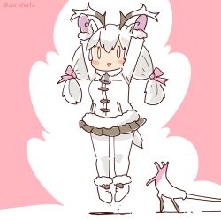 Rule 34 | 1girl, animal ears, arms up, bell, coat, coroha, deer ears, deer girl, deer tail, extra ears, full body, gloves, horns, jumping, kemono friends, kemono friends 3, long hair, looking at viewer, pantyhose, pink background, ribbon, shoes, simple background, skirt, solo, tail, twintails, white hair, white reindeer (kemono friends)