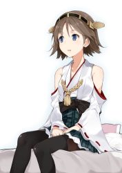 Rule 34 | 10s, 1girl, bad id, bad pixiv id, bare shoulders, black pantyhose, blue eyes, blush, boots, brown hair, detached sleeves, hairband, hiei (kancolle), japanese clothes, kantai collection, pantyhose, personification, ribbon-trimmed sleeves, ribbon trim, short hair, sitting, skirt, soburi, solo, thigh boots, thighhighs