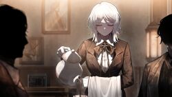 Rule 34 | 1girl, 2others, brown jacket, closed eyes, closed mouth, collared shirt, cup, faust (project moon), game cg, gloves, grey jacket, highres, holding, holding teapot, jacket, lantern, limbus company, multiple others, nai ga, neck ribbon, official art, portrait (object), project moon, ribbon, shirt, solo focus, table, tea, teacup, teapot, white gloves, white hair, white shirt
