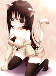 Rule 34 | 1girl, animal ears, aririn, arm support, black eyes, black hair, blush, breasts, cat ears, cat tail, chocolate, cleavage, foreshortening, heart, kneeling, large breasts, long hair, no pants, off shoulder, original, ribbon, sleeves past wrists, solo, tail, tail ornament, tail ribbon, tounyu melon, whipped cream