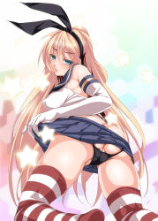 Rule 34 | 1girl, aqua eyes, ass, backless panties, black panties, blonde hair, blush, breasts, butt crack, cle masahiro, clothes pull, colored eyelashes, cosplay, elbow gloves, female focus, from behind, gloves, hair between eyes, hairband, highres, kantai collection, kirisaki chitoge, kneeling, legs, long hair, looking at viewer, looking back, nisekoi, open mouth, panties, pussy, pussy peek, ribbon, shimakaze (kancolle), shimakaze (kancolle) (cosplay), shiny skin, skindentation, skirt, skirt pull, sleeveless, solo, star (symbol), striped clothes, striped thighhighs, thick thighs, thighhighs, thighs, underwear, very long hair, white gloves