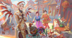 Rule 34 | 3girls, alternate costume, alternate eye color, alternate hairstyle, armor, backlighting, bird, black-framed eyewear, blizzard (company), blonde hair, bodysuit, braid, breasts, brown eyes, brown hair, brown legwear, character doll, chicken, chinese clothes, chinese lantern, d.va (overwatch), day, debris, dress, drone, facepaint, facial mark, faulds, firecrackers, food, fortune mercy, glasses, golden mercy, hair ornament, hair stick, halo, hanbok, high ponytail, highres, holding, holding food, holding hands, korean clothes, long hair, long sleeves, looking at another, looking away, looking to the side, luna mei, mechanical halo, mechanical wings, medium breasts, mei (overwatch), mercy (overwatch), multiple girls, new year, official alternate costume, open mouth, outdoors, overwatch, overwatch 1, own hands clasped, own hands together, pachimari, palanquin d.va, perspective, pink skirt, purple eyes, rabbit hair ornament, reflection, road, robot, rooster, short hair, skirt, smile, snowball (overwatch), standing, standing on one leg, street, striped, striped sleeves, stuffed animal, stuffed octopus, stuffed toy, swept bangs, table, vincent 123, water, whisker markings, wide-eyed, wings, yellow eyes