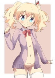 Rule 34 | 1girl, alice cartelet, blonde hair, blue eyes, blush, bottomless, cardigan, cleft of venus, detached collar, flat chest, hair ornament, hair stick, kin-iro mosaic, naruse mai, neck ribbon, open cardigan, open clothes, pussy, ribbon, smile, solo, thighhighs, twintails, uncensored, white thighhighs