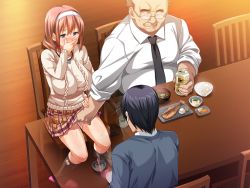 Rule 34 | 1girl, 2boys, alcohol, beer, black legwear, blue eyes, blush, breasts, brown hair, can, chair, cheating (relationship), embarrassed, feet, fingering, fish, food, game cg, glasses, hand on mouth, hinomoto koharu, indoors, kedamono-tachi no sumu ie de, large breasts, legs, long sleeves, looking at another, multiple boys, murakami teruaki, netorare, pin-point, plaid, plaid skirt, pussy juice, raised eyebrows, rice, short hair, sitting, skirt, socks, stealth fingering, sweater, table, takeda hiromitsu, tears, thighs, turtleneck, wet, wooden floor, x-ray