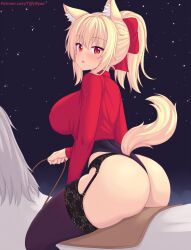 Rule 34 | 1girl, :o, animal ears, ass, black garter belt, black garter straps, black leotard, black thighhighs, blonde hair, blush, breasts, cat ears, cat girl, cat tail, commentary, english commentary, from behind, garter belt, garter straps, hair ribbon, highres, horse, horseback riding, large breasts, leotard, long hair, long sleeves, looking at viewer, looking back, night, night sky, nottytiffy, open mouth, original, patreon username, ponytail, purple thighhighs, red eyes, red ribbon, red shirt, ribbon, riding, shirt, sky, star (sky), starry sky, tail, thighhighs, thighs, tiffy (nottytiffy)