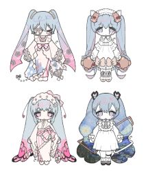 Rule 34 | 4girls, animal print, bear hair ornament, blue eyes, blue hair, butterfly print, chibi, closed mouth, colored tips, dress, expressionless, closed eyes, flower, gradient hair, hair flower, hair ornament, hatsune miku, headdress, japanese clothes, kimono, long hair, long sleeves, looking at viewer, multicolored hair, multiple girls, pink eyes, pink hair, starry night, u emper, very long hair, vocaloid, white background, white dress, white headwear, white kimono, wide sleeves