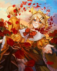 Rule 34 | 1boy, 1girl, absurdres, aku no musume (vocaloid), allen avadonia, blonde hair, blue eyes, blue sky, bow, brother and sister, choker, cloud, crying, crying with eyes open, dress, dress bow, dress flower, dutch angle, earrings, evillious nendaiki, falling petals, flat chest, flower, flying teardrops, frilled dress, frilled sleeves, frills, garden, hair bow, hair ornament, hair ribbon, hairclip, highres, jacket, jewelry, kagamine len, kagamine rin, off-shoulder dress, off shoulder, orange bow, orange sky, outstretched arm, petals, petticoat, reaching, reaching towards viewer, red flower, red rose, ribbon, riliane lucifen d&#039;autriche, rose, rose petals, short ponytail, siblings, sky, smile, sunset, swept bangs, tears, twins, updo, vocaloid, wide sleeves, wind, yellow bow, yellow choker, yellow dress, yellow flower, yellow jacket, yellow rose, yuzuyooja