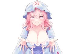 Rule 34 | 1girl, blue hat, blue kimono, breasts, cleavage, closed mouth, commentary request, crossed bangs, ellen drawing, hat, highres, japanese clothes, kimono, large breasts, looking at viewer, medium hair, mob cap, pink eyes, pink hair, saigyouji yuyuko, signature, simple background, smile, solo, speech bubble, textless version, touhou, translation request, triangular headpiece, upper body, white background