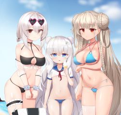 Rule 34 | 3girls, anger vein, azur lane, bag, bikini, black bikini, blue bikini, blue eyes, blue sailor collar, blue sky, braid, breasts, brown eyes, cleavage, closed mouth, collarbone, commentary, crop top, day, double bun, formidable (azur lane), ginka (gink a), hair between eyes, hair bun, highres, holding, holding bag, large breasts, le malin (azur lane), light brown hair, long hair, looking at viewer, multiple girls, navel, neckerchief, o-ring, o-ring bikini, o-ring top, outdoors, paper bag, parted lips, red eyes, red neckerchief, sailor collar, shirt, short sleeves, side-tie bikini bottom, sidelocks, silver hair, single thighhigh, sirius (azur lane), sky, small breasts, swimsuit, thighhighs, very long hair, water, white legwear, white shirt