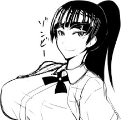 Rule 34 | 1girl, artist request, black hair, blunt bangs, breasts, cejas gruesas, ebino mei, falda de tirantes, greyscale, hatsukoi zombie, large breasts, lowres, monochrome, ponytail, simple background, solo, thick eyebrows, translation request, upper body, white background