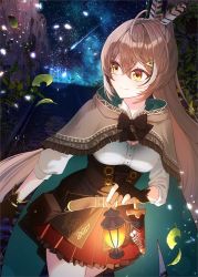 Rule 34 | 1girl, 1p ino, ahoge, belt, brown capelet, brown cloak, brown corset, brown eyes, brown hair, cape, capelet, cloak, corset, dagger, falling leaves, feather hair ornament, feathers, gloves, hair ornament, hairclip, hololive, hololive english, knife, lantern, leaf, light particles, long hair, multicolored hair, nanashi mumei, night, night sky, partially fingerless gloves, pleated skirt, ponytail, pouch, red skirt, ribbon, shirt, shooting star, skirt, sky, star (sky), starry sky, streaked hair, very long hair, virtual youtuber, weapon, white shirt