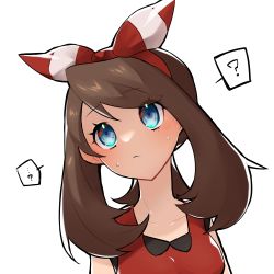 Rule 34 | ...?, 1girl, ?, blue eyes, bow, brown hair, closed mouth, collarbone, creatures (company), game freak, hair bow, highres, may (pokemon), multicolored bow, nintendo, pokemon, pokemon oras, red bow, red shirt, sekiro (skrn 14), shirt, sleeveless, sleeveless shirt, solo, sweat, white background