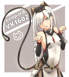 Rule 34 | 1girl, animal ears, ash arms, black hat, black panties, black ribbon, black sleeves, breasts, cable, cable tail, cat ears, cat tail, character name, commentary, cowboy shot, detached sleeves, dress, grey background, hair ornament, hair ribbon, hat, head tilt, long hair, looking at viewer, mechanical tail, navel, okutama tarou, open mouth, overskirt, panties, paw pose, ribbon, see-through, skirt, sleeveless, sleeveless dress, small breasts, solo, standing, swept bangs, tail, thigh gap, underwear, vk16.02 leopard (ash arms), white dress, white skirt, x hair ornament, yellow eyes