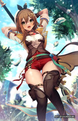 Rule 34 | 1girl, :d, arms behind head, arms up, artist name, atelier (series), atelier ryza, atelier ryza 3, belt, black choker, blurry, blurry background, boots, braid, breast pocket, breasts, brown belt, brown eyes, brown gloves, brown thighhighs, brown vest, choker, clover hair ornament, collared shirt, crown braid, dangle earrings, earrings, falling petals, gloves, hair ornament, highres, holding, holding staff, holster, jacket, jewelry, kamaniki, large breasts, looking at viewer, open mouth, outdoors, petals, pocket, red shorts, reisalin stout, sample watermark, shirt, short shorts, shorts, single glove, sky, sleeveless, sleeveless jacket, smile, solo, staff, star (symbol), star choker, star earrings, teeth, thigh boots, thigh gap, thigh holster, thighhighs, tree, vest, watermark, white headwear, white shirt, white thighhighs, yellow jacket