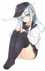 Rule 34 | 10s, 1girl, bad id, bad pixiv id, black thighhighs, blue eyes, hat, hibiki (kancolle), kantai collection, long hair, looking at viewer, nekoume, personification, school uniform, serafuku, silver hair, simple background, skirt, solo, thighhighs, white background