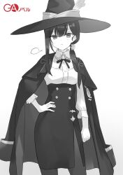 Rule 34 | 1girl, absurdres, breath, brooch, cape, greyscale, hand on own hip, hat, highres, jewelry, long hair, majo no tabitabi, mina (majo no tabitabi), monochrome, ribbon, robe, simple background, tmiuraga, white background, witch, witch hat