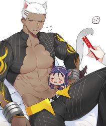 Rule 34 | 2boys, abs, animal ears, archer (fate), archer alter (fate), bara, bed, bed sheet, biceps, blush, candy, cat ears, cat tail, closed eyes, compression shirt, cu chulainn (fate), cu chulainn alter (fate), dark-skinned male, dark skin, facial tattoo, fangs, fate/grand order, fate (series), feet out of frame, food, highres, large pectorals, leather, leather pants, lying, male focus, manly, mature male, mini cu-chan (fate), multiple boys, muscular, muscular male, navel, nipples, on back, open mouth, pants, pectorals, pillow, seum (kao husband), shirt, short hair, simple background, spiked hair, tail, tattoo, tight clothes, tongue, white background, white hair, yellow eyes