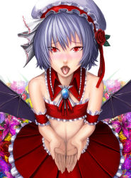 Rule 34 | 1girl, alternate costume, bare shoulders, blue hair, blush, cupping hands, def (chronowarld), female focus, frills, hat, midriff, open mouth, own hands together, red eyes, remilia scarlet, short hair, solo, tongue, touhou