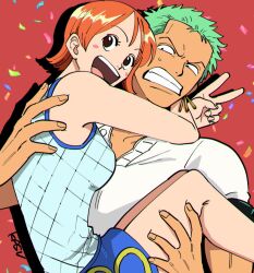 Rule 34 | 1boy, 1girl, bare shoulders, blue skirt, breasts, brown eyes, carrying, collarbone, commentary request, confetti, earrings, gold earrings, green hair, jewelry, kasuga126, kasuga akira, looking at another, medium breasts, nami (one piece), one piece, open mouth, orange hair, princess carry, roronoa zoro, shirt, short hair, skirt, sweatdrop, teeth, upper body, upper teeth only, v, white shirt