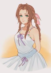 Rule 34 | 0 ebj, 1girl, aerith gainsborough, arms behind back, bare arms, bow, braid, braided ponytail, breasts, brown hair, crisis core final fantasy vii, dress, final fantasy, final fantasy vii, green eyes, hair bow, medium breasts, parted bangs, sidelocks, smile, solo, upper body, white dress, yellow background