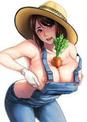 Rule 34 | 1girl, between breasts, breasts, carrot, hat, highres, huge breasts, looking at viewer, nipples, original, overalls, rokko, simple background, solo, white background