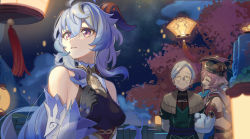 Rule 34 | absurdres, bare shoulders, bell, black gloves, blue hair, breasts, closed eyes, detached sleeves, ganyu (genshin impact), genshin impact, gloves, grey hair, hand on own chest, hat, highres, horns, lantern, long hair, looking at another, looking to the side, madame ping (genshin impact), medium breasts, neck bell, night, paper lantern, pink hair, purple eyes, smile, tang fen yifu, upper body, white sleeves, yanfei (genshin impact)