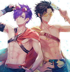 Rule 34 | 2boys, brown hair, claude von riegan, claude von riegan (summer), commentary request, eyewear on head, fingerless gloves, fire emblem, fire emblem: three houses, fire emblem heroes, fire emblem warriors: three hopes, food, gloves, green eyes, hand on own hip, holding, holding food, holding popsicle, looking at viewer, male focus, male swimwear, multiple boys, nintendo, official alternate costume, popsicle, purple eyes, purple hair, round eyewear, saku (soreca49), shez (fire emblem), shez (male) (fire emblem), shez (male) (summer) (fire emblem), smile, swim trunks, topless male, white background