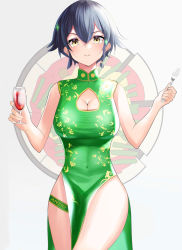 Rule 34 | 1girl, alcohol, anzio (emblem), black hair, braid, breasts, brown eyes, china dress, chinese clothes, cleavage cutout, closed mouth, clothing cutout, commentary, cowboy shot, cup, dress, drinking glass, emblem, fork, girls und panzer, green dress, grey background, hair tie, high collar, highres, holding, holding cup, holding fork, large breasts, looking at viewer, mamaa (maeni6379), pelvic curtain, pepperoni (girls und panzer), short hair, side braid, side slit, sleeveless, sleeveless dress, smile, solo, sparkle, standing, thigh strap, wine, wine glass