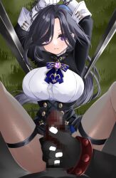 Rule 34 | 1boy, 1girl, arms up, black hair, black pantyhose, black skin, black skirt, blue bow, bound, bound wrists, bow, breasts, brooch, captured, censored, chain, clorinde (genshin impact), closed mouth, clothed female nude male, colored skin, defeat, dot nose, fingernails, genshin impact, glaring, gloves, grass, hetero, hilichurl (genshin impact), imminent penetration, imminent rape, imminent vaginal, interspecies, jewelry, large breasts, long hair, looking at viewer, miniskirt, monster, mosaic censoring, nude, pantyhose, penis, purple eyes, restrained, skirt, spread legs, sula (s ra760), thighlet, white gloves, white nails