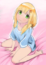 Rule 34 | 1girl, bad id, bad pixiv id, barefoot, beijuu, between legs, between thighs, blonde hair, blue shirt, blush, emilia (krt girls), from above, green eyes, hair ornament, hair over shoulder, hairclip, hand between legs, krt girls, looking at viewer, on bed, shirt, sitting, solo, sweat, wariza
