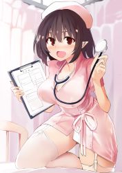Rule 34 | 1girl, alternate costume, bed, black hair, blush, breasts, clipboard, commentary request, cowboy shot, curtains, dress, garter straps, hair between eyes, hands up, hat, highres, holding, holding clipboard, indoors, kamukamu (ars), large breasts, looking at viewer, nurse, nurse cap, open mouth, pink dress, pink hat, pink ribbon, pointy ears, red eyes, ribbon, shameimaru aya, short hair, smile, solo, stethoscope, thighhighs, thighs, touhou, white thighhighs, zettai ryouiki