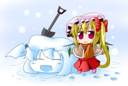 Rule 34 | 1girl, :d, ^ ^, bat wings, blonde hair, blush, blush stickers, bow, capelet, chibi, closed eyes, closed eyes, fang, female focus, flandre scarlet, hat, ichimi, open mouth, outstretched arms, pink eyes, red eyes, remilia scarlet, scarf, short hair, shovel, side ponytail, skirt, smile, snow, solo, spread arms, embodiment of scarlet devil, touhou, wavy mouth, wings, worktool, yukkuri shiteitte ne