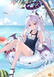 Rule 34 | 1girl, absurdres, afloat, ahoge, beach, bird, blue archive, blue sky, blurry, chenmu sora, cloud, cloudy sky, coconut tree, collarbone, commentary, demon girl, demon horns, demon wings, depth of field, food, forehead, fruit, hair ornament, hairclip, halo, highres, hina (blue archive), hina (swimsuit) (blue archive), horizon, horns, knees together feet apart, lens flare, lifebuoy, long hair, looking at viewer, name tag, ocean, official alternate costume, old school swimsuit, one side up, outdoors, palm tree, parted bangs, parted lips, purple eyes, sandals, school swimsuit, seagull, sidelocks, sitting, sky, sleeveless, sun, sunlight, swim ring, swimsuit, tree, watermelon, wavy hair, whistle, whistle around neck, white hair, wings