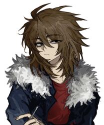 Rule 34 | 1boy, black eyes, blue jacket, brown hair, chinese commentary, closed mouth, commentary request, frown, fur-trimmed jacket, fur trim, highres, isoi reiji, jacket, jiaowowuli, long sleeves, male focus, medium hair, open clothes, open jacket, red shirt, saibou shinkyoku, sanpaku, shirt, simple background, upper body, white background