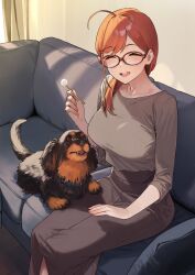 Rule 34 | 1girl, 92m, ^ ^, absurdres, ahoge, animal, breasts, brown skirt, closed eyes, commentary request, couch, dachshund, dog, glasses, highres, lap pillow invitation, large breasts, looking at viewer, mature female, medium hair, on couch, original, ponytail, red-framed eyewear, red hair, sanako (92m), sitting, skirt, smile