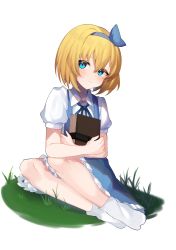 Rule 34 | 1girl, alice margatroid, alice margatroid (pc-98), blonde hair, blue bow, blue bowtie, blue dress, blue eyes, blue hairband, blue ribbon, blush, book, hugging book, bow, bowtie, closed mouth, collared shirt, commentary, crossed arms, dress, english commentary, fingernails, frills, grass, grey socks, hair between eyes, hairband, hands up, highres, holding, holding book, hugging object, looking to the side, majime joe, no shoes, puffy short sleeves, puffy sleeves, ribbon, shirt, short hair, short sleeves, simple background, sitting, socks, solo, touhou, touhou (pc-98), white background, white shirt