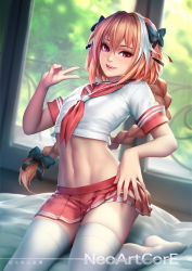Rule 34 | 1boy, artist name, astolfo (fate), astolfo (sailor paladin) (fate), bow, braid, clothes lift, fate/apocrypha, fate/grand order, fate (series), hair bow, hair intakes, looking at viewer, male focus, midriff, miniskirt, multicolored hair, nail polish, navel, neoartcore, official alternate costume, panties, pink hair, pink nails, realistic, sailor collar, school uniform, serafuku, skirt, skirt lift, smile, solo, striped clothes, striped panties, thighhighs, trap, two-tone hair, underwear, v, white thighhighs, window