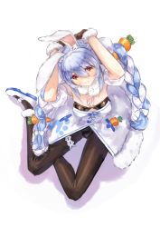 Rule 34 | 1girl, absurdres, animal ear fluff, animal ears, black gloves, black pantyhose, blue hair, braid, breasts, carrot, commentary, don-chan (usada pekora), dress, food-themed hair ornament, gloves, hair between eyes, hair ornament, hand on own head, highres, hololive, leotard, looking at viewer, medium breasts, multicolored hair, pantyhose, playboy bunny, rabbit ears, rabbit girl, red eyes, sidelocks, simple background, sitting, solo, thigh strap, twin braids, two-tone hair, usada pekora, usada pekora (1st costume), virtual youtuber, white background, white dress, white hair, yu hydra