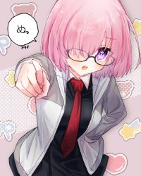 Rule 34 | 1girl, :o, black-framed eyewear, black dress, blush, collared dress, commentary request, dress, fate/grand order, fate (series), glasses, grey jacket, hair over one eye, hand on own hip, harukappa, highres, hood, hood down, hooded jacket, jacket, looking at viewer, mash kyrielight, multicolored clothes, multicolored jacket, necktie, one eye covered, open clothes, open jacket, pink hair, pointing, purple eyes, red necktie, short hair, solo, speech bubble, translation request, two-tone jacket, white jacket