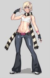 Rule 34 | 1boy, androgynous, belt, blonde hair, crop top, crossdressing, curvy, denim, eyeshadow, fingerless gloves, gloves, grey background, jeans, lips, makeup, male focus, original, pants, scarf, short hair, simple background, solo, standing, striped, thong, toxxy, trap, wide hips