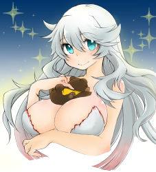 Rule 34 | 1boy, 1girl, artemis (fate), bare shoulders, bear, between breasts, blue eyes, blush, breasts, cleavage, dress, fate/grand order, fate (series), grey hair, large breasts, long hair, looking at viewer, orion (bear) (fate), smile, sparkle, upper body