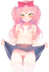 Rule 34 | 1girl, blush, bow, breasts, censored, clothes lift, gluteal fold, green eyes, grin, hair bow, highres, lifted by self, looking at viewer, mosaic censoring, navel, nipples, original, otokuyou, pink hair, pleated skirt, pussy, simple background, skirt, skirt lift, smile, solo, thighhighs, topless, two side up, white background, white thighhighs