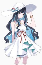 Rule 34 | 1girl, bare shoulders, black hair, blue hair, bracelet, breasts, colored inner hair, dress, eyeliner, fate/grand order, fate (series), grey eyes, hat, highres, jewelry, long hair, looking at viewer, makeup, multicolored hair, necklace, sidelocks, small breasts, sun hat, tenochtitlan (fate), tenochtitlan (swimsuit mooncancer) (fate), thighs, white dress, white hat, yamamon 0