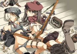 Rule 34 | 2girls, ammunition pouch, ass, bikini, black gloves, blonde hair, bolt action, boots, breasts, brown eyes, brown hair, bullet, cartridge, cleavage, clip (weapon), cross, gloves, grey footwear, gun, gun sling, hair ribbon, hat, iron cross, karabiner 98k, kasetsu 03, lying, mauser 98, medium breasts, midriff, military, mosin-nagant, multiple girls, on back, on stomach, original, peaked cap, pouch, ribbon, rifle, scope, short hair, shorts, single glove, small breasts, swimsuit, thigh boots, thigh strap, thighhighs, thong bikini, twintails, weapon, wehrmacht, whale tail (clothing), world war ii, yellow eyes
