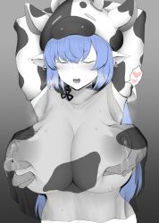 Rule 34 | 1girl, animal ears, animal print, armpits, arms behind head, arms up, bare shoulders, bikini, blue hair, blush, breasts, catura (granblue fantasy), closed eyes, cow ears, cow girl, cow hat, cow horns, cow print, detached sleeves, draph, ear piercing, granblue fantasy, greyscale, hat, highres, horns, huge breasts, isawo (lucanus19), lactation, long hair, monochrome, navel, nipples, open mouth, piercing, pointy ears, puffy nipples, see-through, spot color, swimsuit, wide sleeves, x-ray