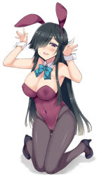 Rule 34 | 10s, 1girl, alternate costume, animal ears, arms up, bare shoulders, black footwear, black hair, blush, bow, bowtie, breasts, bunny ears gesture, covered erect nipples, covered navel, detached collar, fake animal ears, gradient hair, hair over one eye, hair ribbon, hairband, hayashimo (kancolle), heart, heart-shaped pupils, high heels, highres, kantai collection, kneeling, knees together feet apart, kusano (torisukerabasu), large breasts, leotard, long hair, looking at viewer, multicolored hair, open mouth, pantyhose, playboy bunny, purple eyes, purple pantyhose, rabbit ears, rabbit pose, ribbon, shoes, simple background, smile, solo, symbol-shaped pupils, very long hair, white background, wrist cuffs